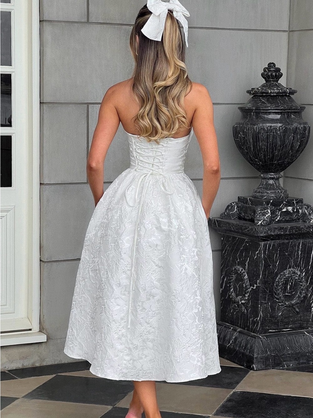 Baby Boo - Saoirse Dress - White Jacquard Midi Dress with Corset bodice